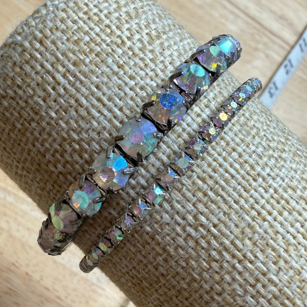 Vintage Aurora Borealis AB Rhinestone Stretch Bracelet Lot of 2 Glam Y2K